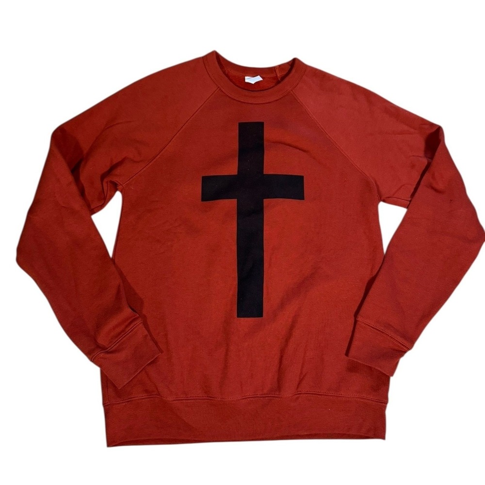 Unisex Crew Neck Sweatshirt Rust Black Cross Graphic Casual Christian Alt EUC
